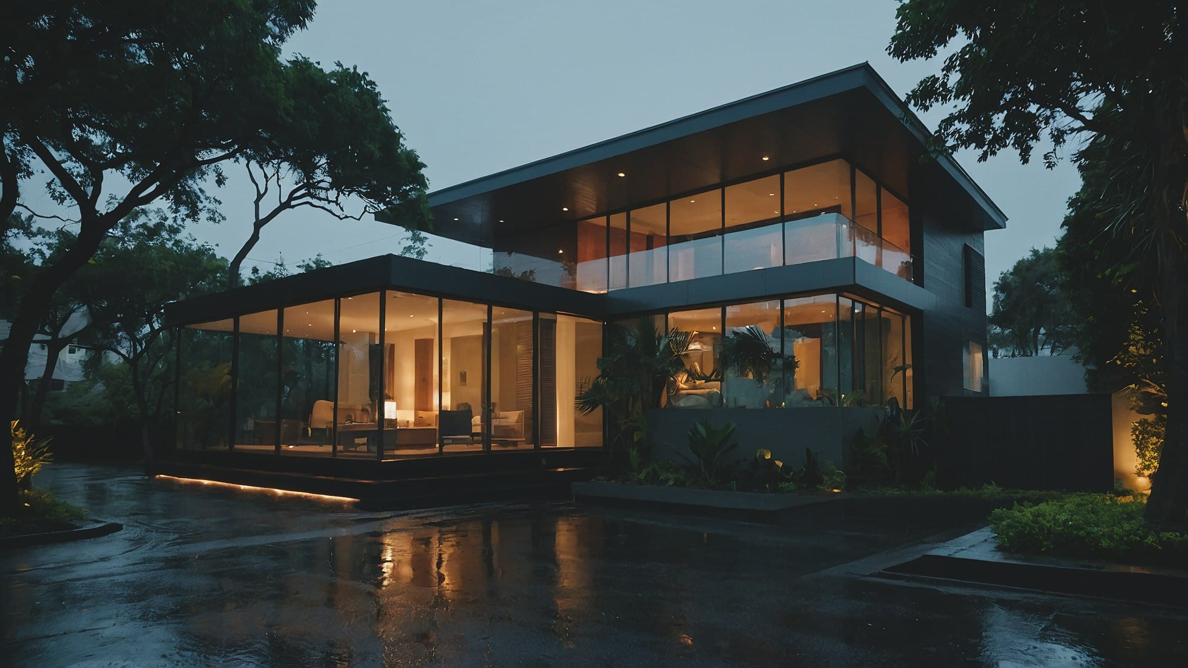 A modern glass house at dusk with every room softly lit