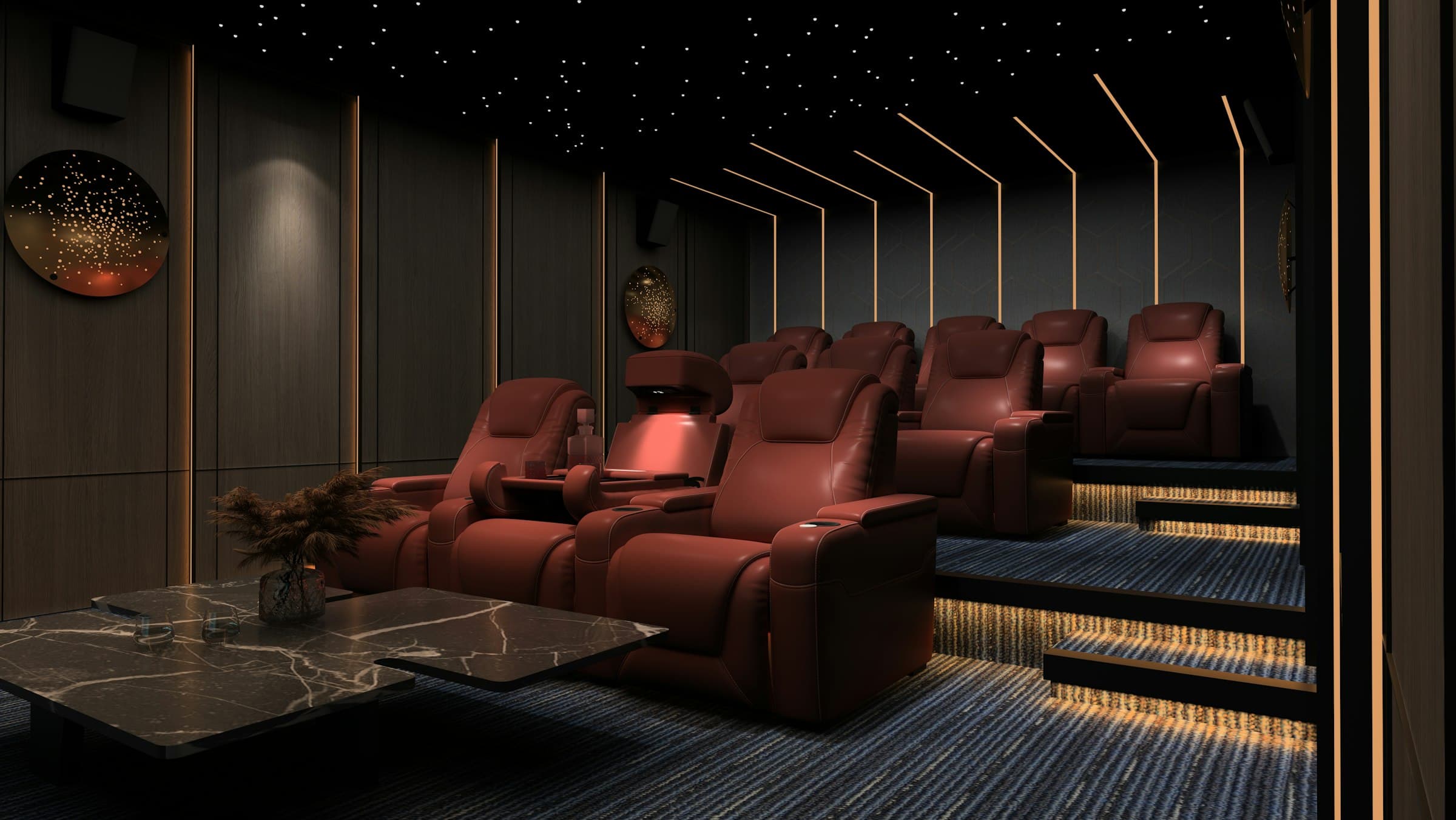 A private home cinema with leather recliners beneath a starlit ceiling